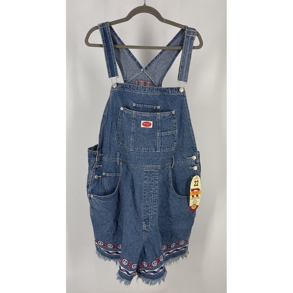 Vintage Revolt Women's Denim Overalls Shorts 22 NOS Peace Sign 90s Y2K Hippie